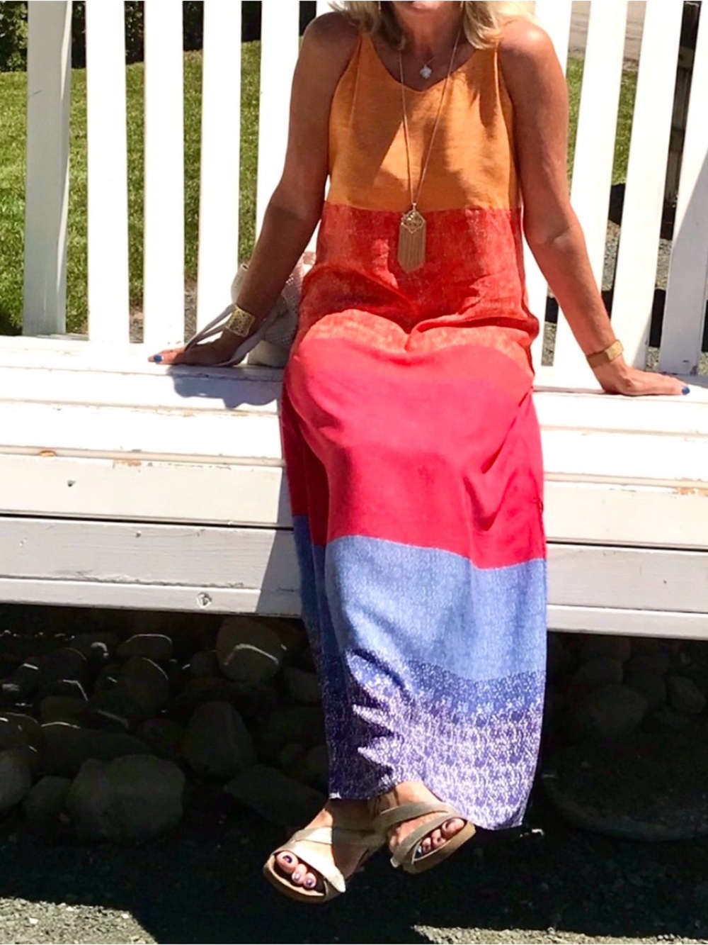 Colorblock Maxi Dress in Orange, Coral & Blue
